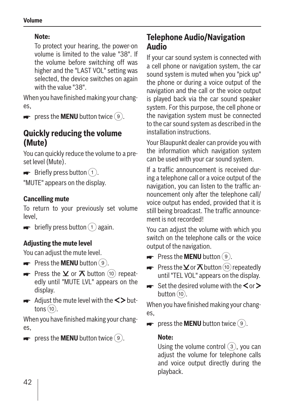 Quickly reducing the volume (mute), Telephone audio/navigation audio | Blaupunkt ALICANTE MP36 User Manual | Page 10 / 35