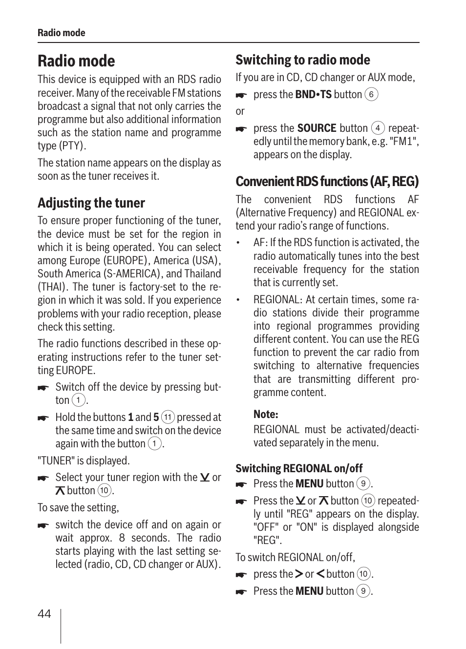 Radio mode, Switching to radio mode, Convenient rds functions (af, reg) | Adjusting the tuner | Blaupunkt ALICANTE MP36 User Manual | Page 12 / 35