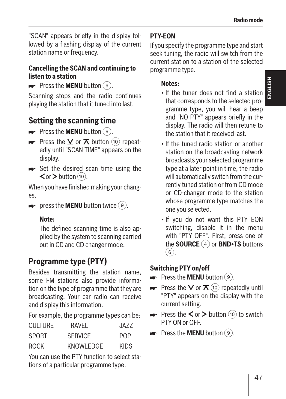 Setting the scanning time, Programme type (pty) | Blaupunkt ALICANTE MP36 User Manual | Page 15 / 35