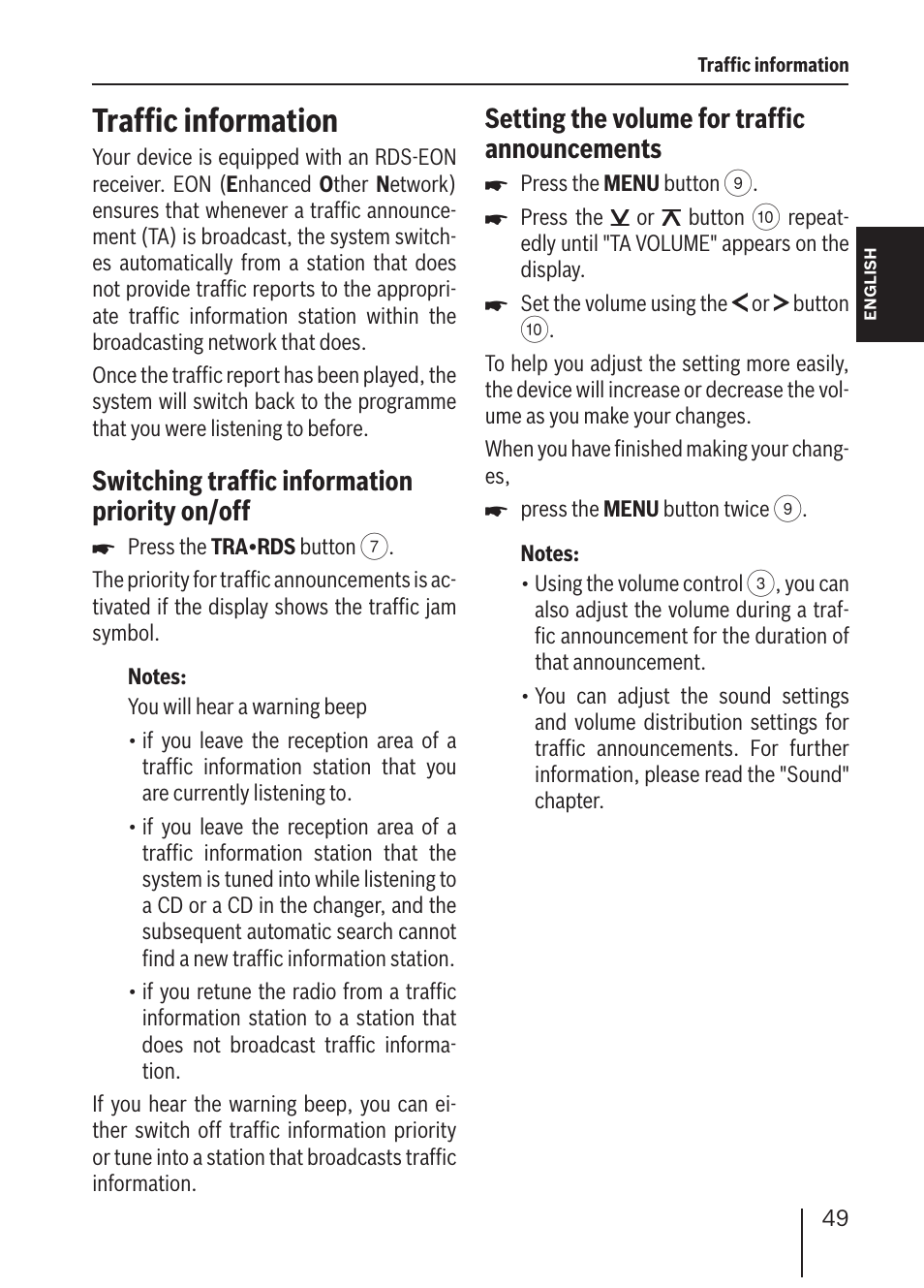 Traffic information, Switching traffic information priority on/off, Setting the volume for traffic announcements | Blaupunkt ALICANTE MP36 User Manual | Page 17 / 35