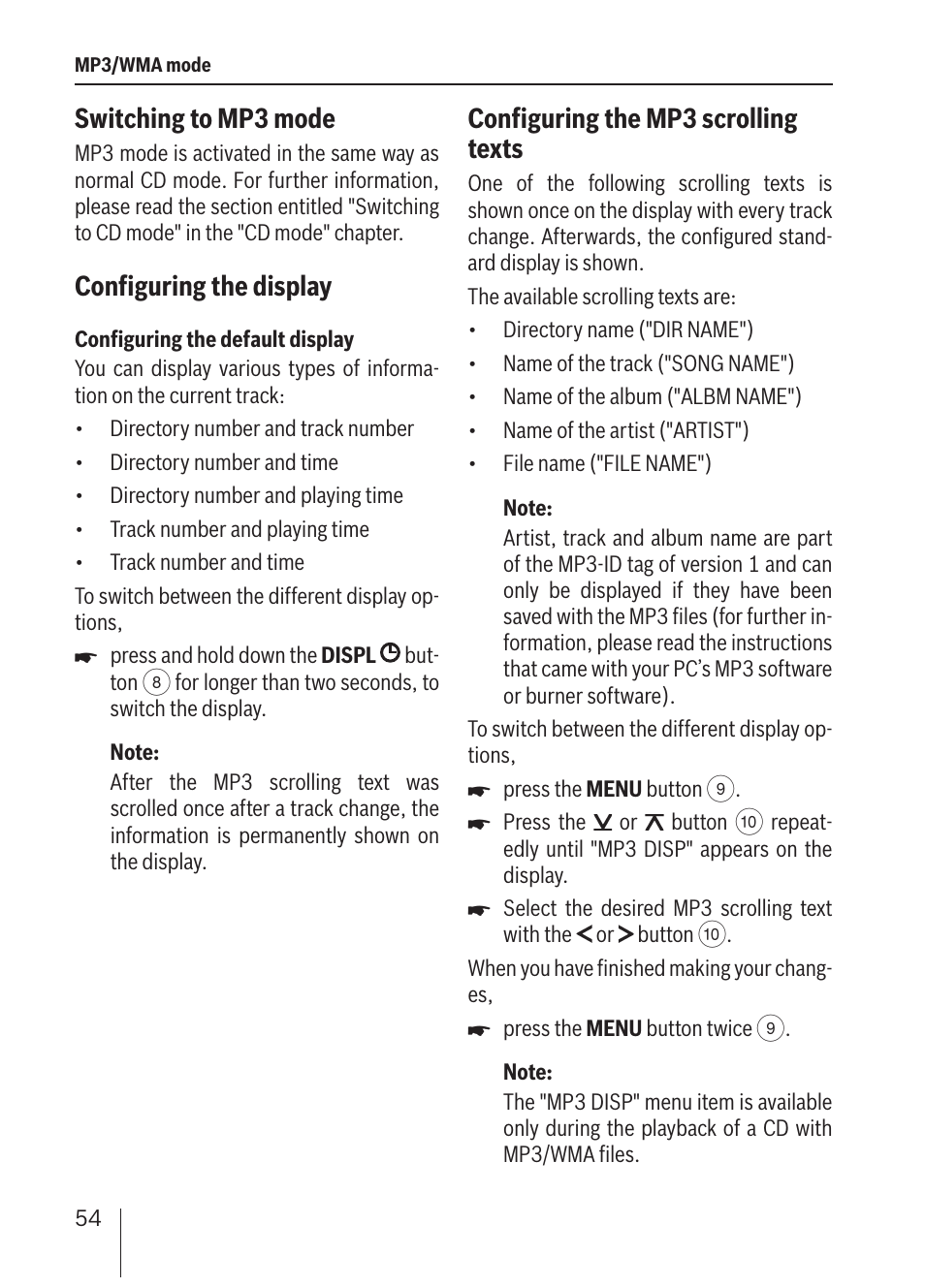 Switching to mp3 mode, Configuring the display, Configuring the mp3 scrolling texts | Blaupunkt ALICANTE MP36 User Manual | Page 22 / 35