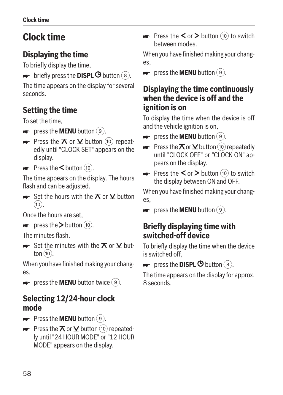 Clock time, Displaying the time, Setting the time | Selecting 12/24-hour clock mode, Briefly displaying time with switched-off device | Blaupunkt ALICANTE MP36 User Manual | Page 26 / 35
