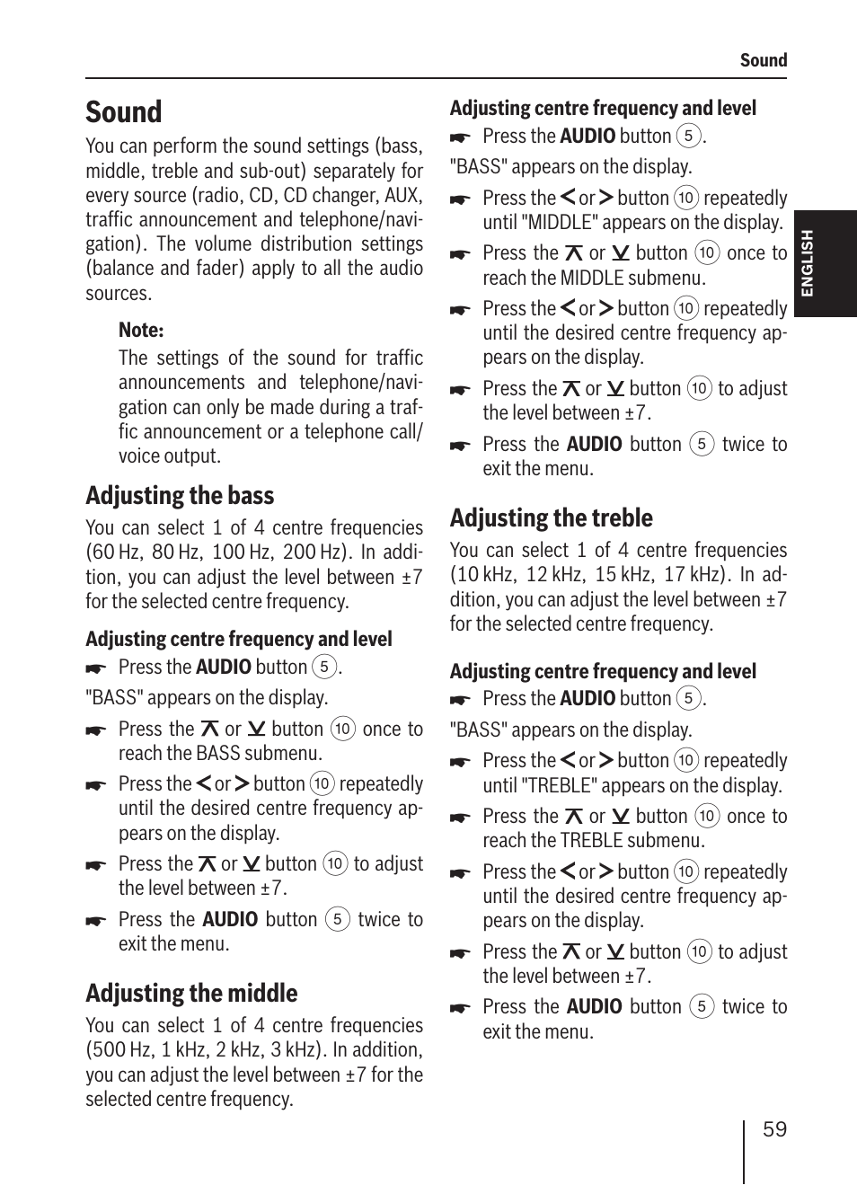 Sound, Adjusting the bass, Adjusting the middle | Adjusting the treble | Blaupunkt ALICANTE MP36 User Manual | Page 27 / 35