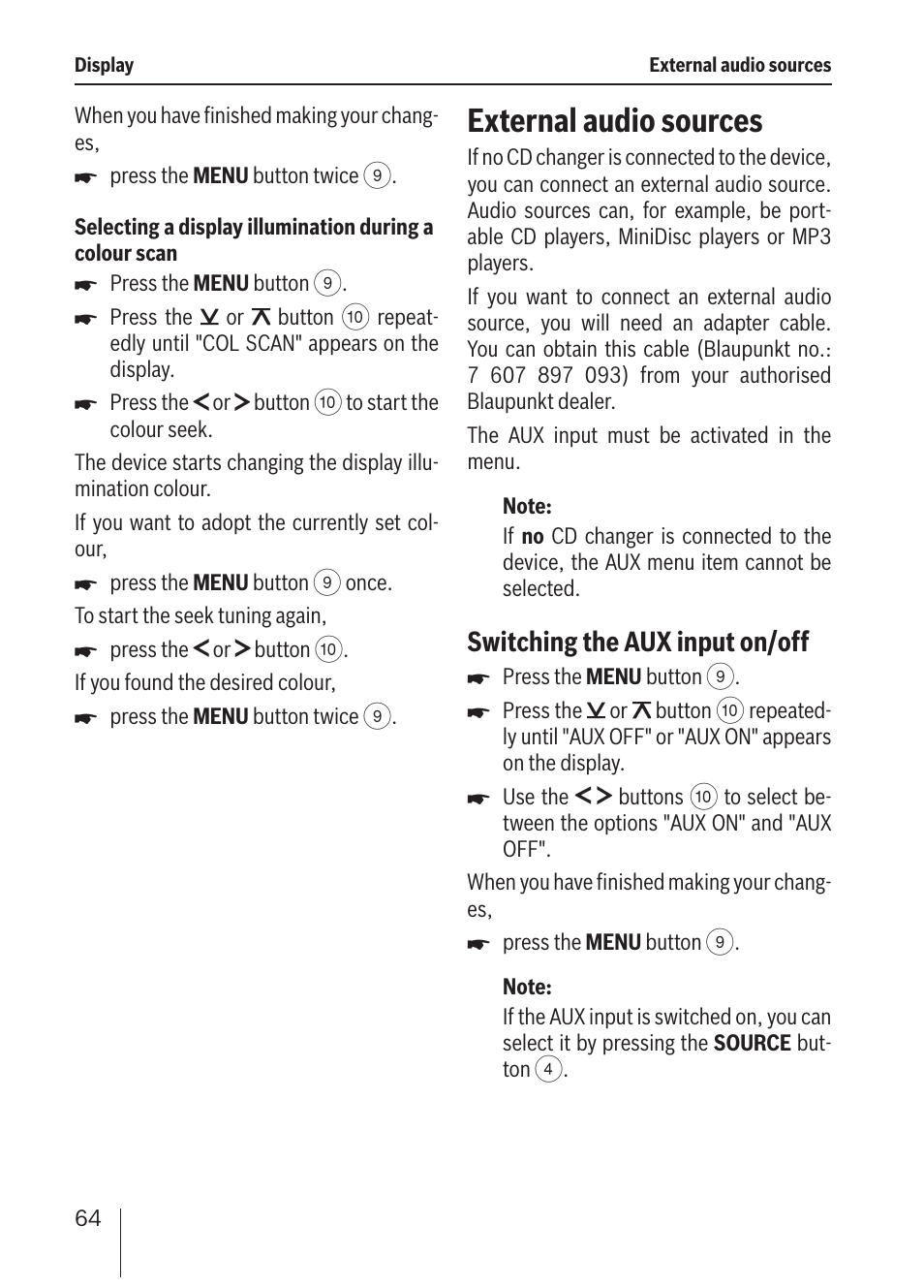 External audio sources, Switching the aux input on/off | Blaupunkt ALICANTE MP36 User Manual | Page 32 / 35