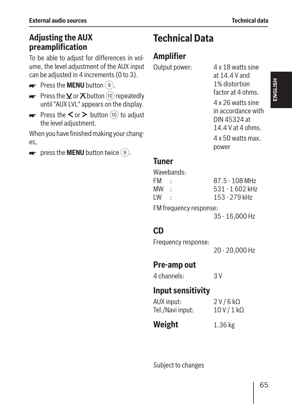 Technical data, Adjusting the aux preamplification, Amplifier | Tuner, Pre-amp out, Input sensitivity, Weight | Blaupunkt ALICANTE MP36 User Manual | Page 33 / 35