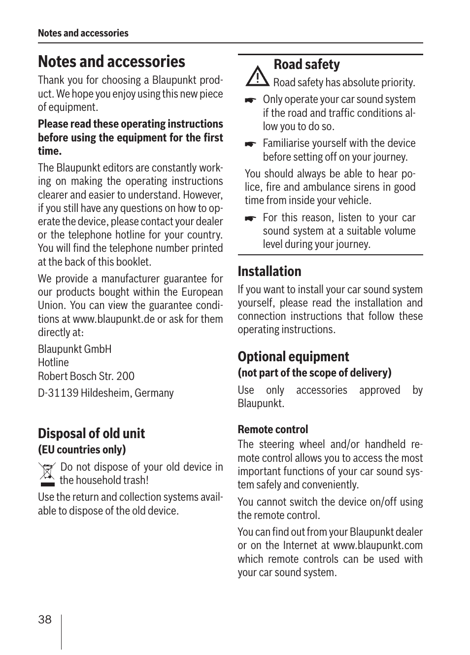 Disposal of old unit, Road safety, Installation | Optional equipment | Blaupunkt ALICANTE MP36 User Manual | Page 6 / 35