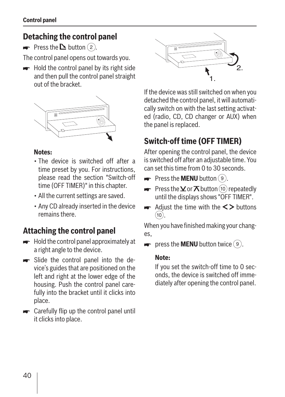 Detaching the control panel, Attaching the control panel, Switch-off time (off timer) | Blaupunkt ALICANTE MP36 User Manual | Page 8 / 35