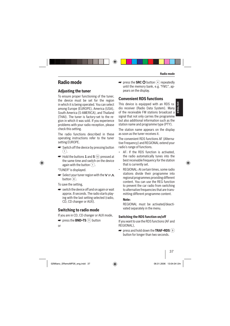 Radio mode, Adjusting the tuner, Switching to radio mode | Convenient rds functions | Blaupunkt MILANO MP26 User Manual | Page 10 / 31