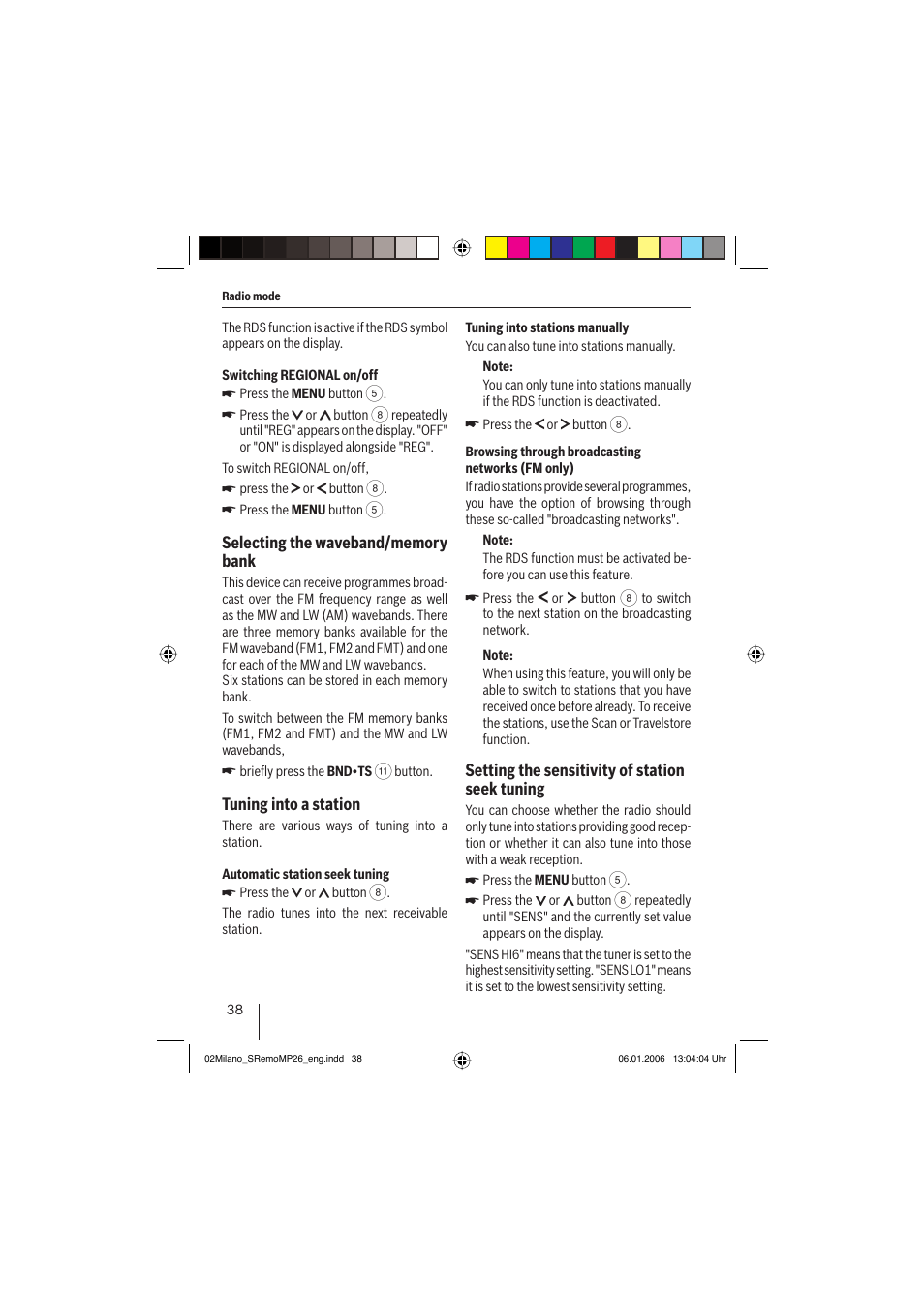 Tuning into a station, Setting the sensitivity of station seek tuning | Blaupunkt MILANO MP26 User Manual | Page 11 / 31