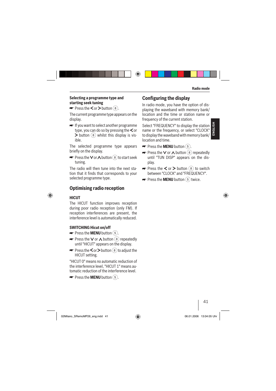 Optimising radio reception, Conﬁ guring the display | Blaupunkt MILANO MP26 User Manual | Page 14 / 31