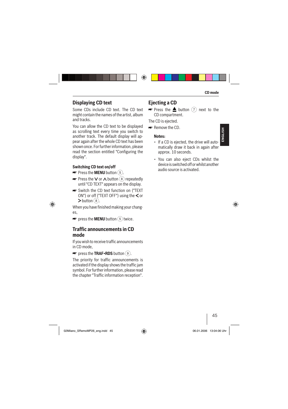 Displaying cd text, Trafﬁ c announcements in cd mode, Ejecting a cd | Blaupunkt MILANO MP26 User Manual | Page 18 / 31
