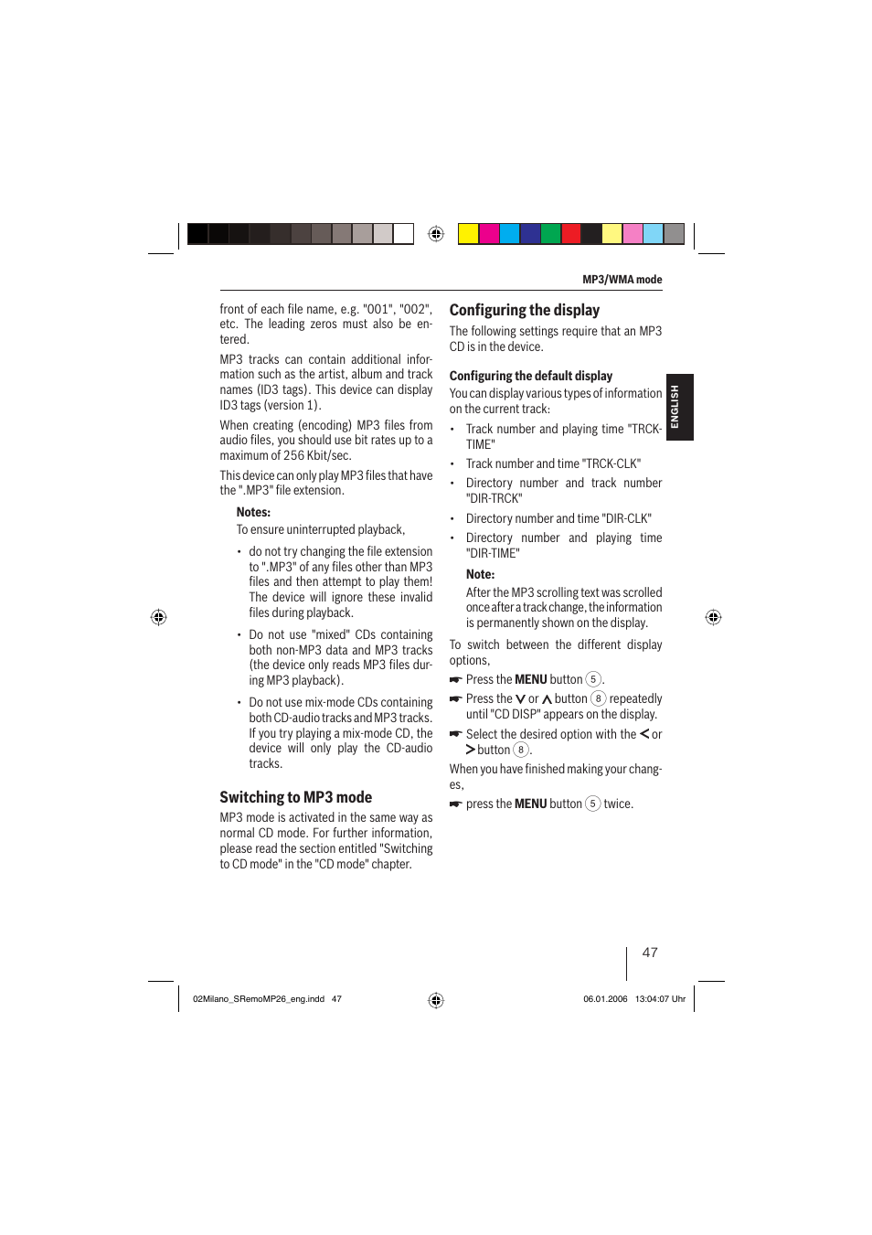 Switching to mp3 mode, Conﬁ guring the display | Blaupunkt MILANO MP26 User Manual | Page 20 / 31