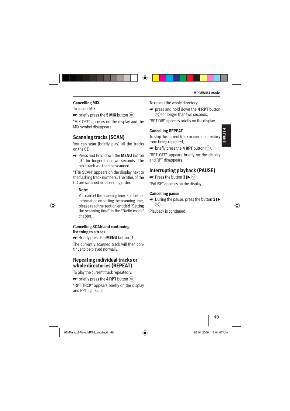 Scanning tracks (scan), Interrupting playback (pause) | Blaupunkt MILANO MP26 User Manual | Page 22 / 31
