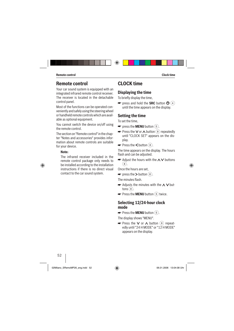 Remote control, Clock time | Blaupunkt MILANO MP26 User Manual | Page 25 / 31