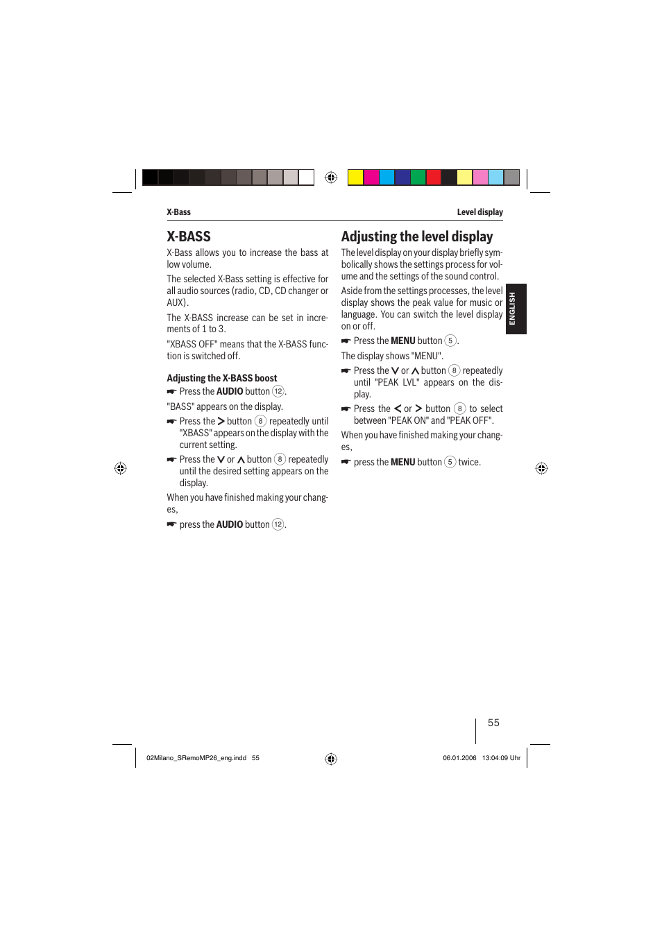 X-bass, Adjusting the level display | Blaupunkt MILANO MP26 User Manual | Page 28 / 31