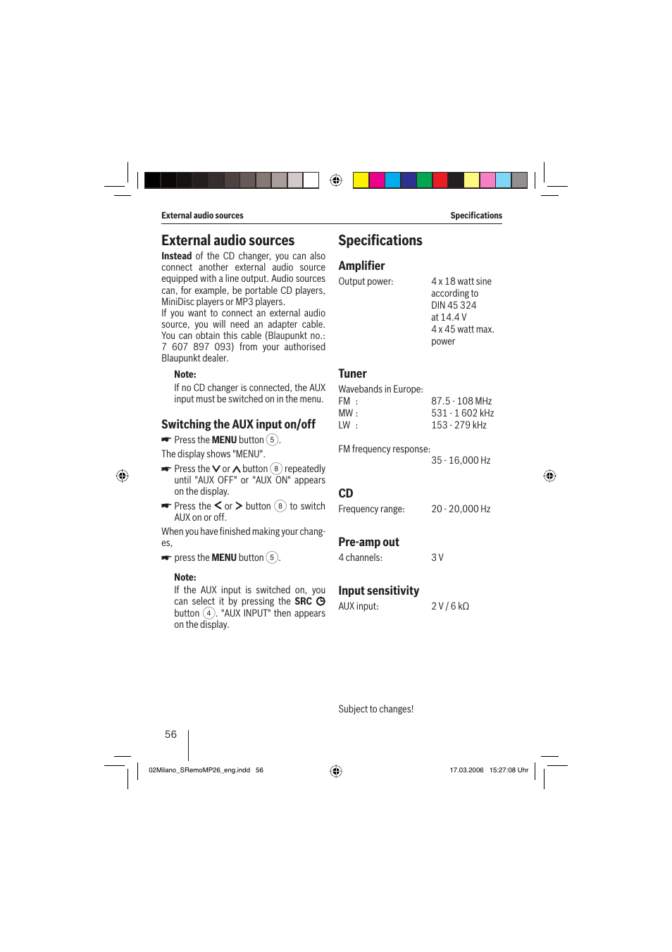 External audio sources, Speciﬁ cations | Blaupunkt MILANO MP26 User Manual | Page 29 / 31