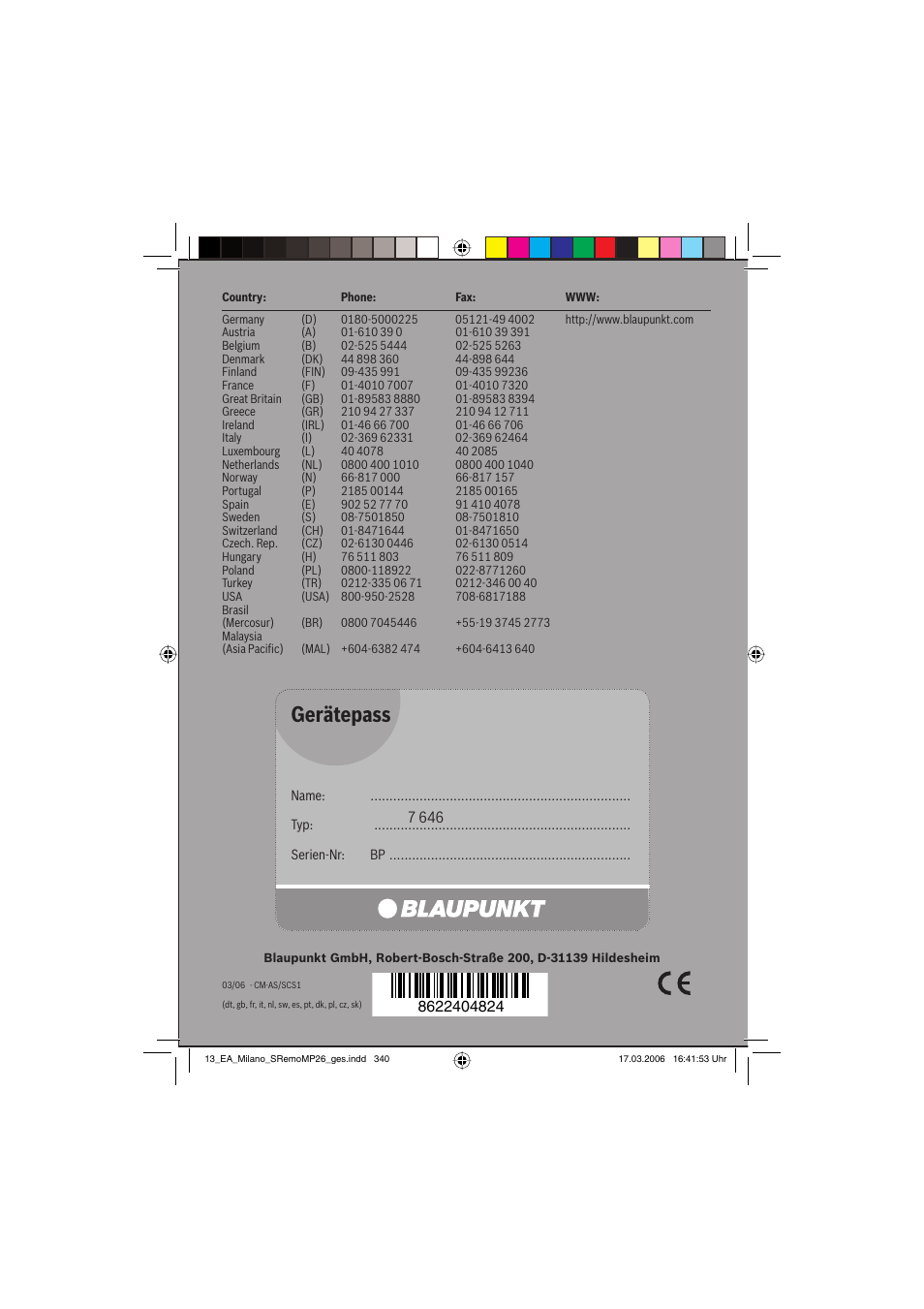 Gerätepass | Blaupunkt MILANO MP26 User Manual | Page 31 / 31
