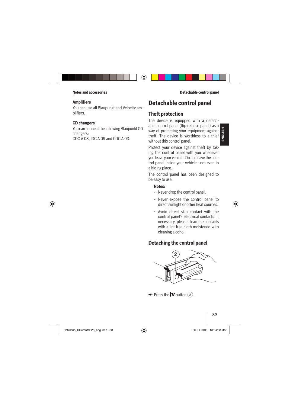 Detachable control panel, Theft protection, Detaching the control panel | Blaupunkt MILANO MP26 User Manual | Page 6 / 31