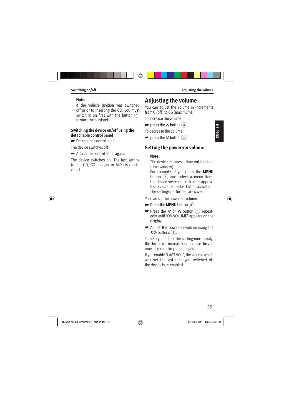 Adjusting the volume, Setting the power-on volume | Blaupunkt MILANO MP26 User Manual | Page 8 / 31