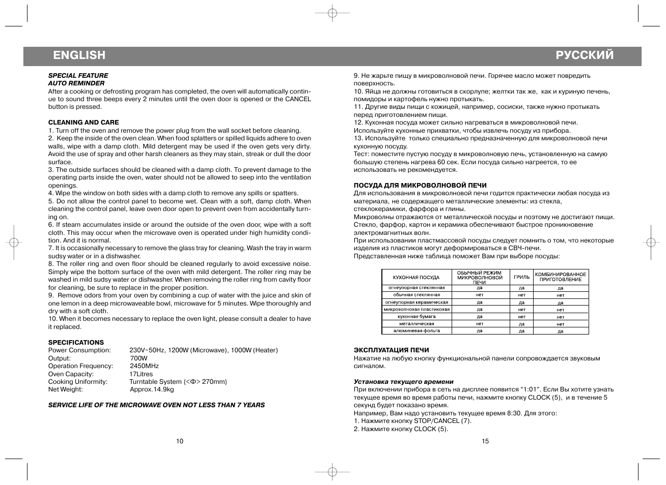 Русский, English | Vitek VT-1650 User Manual | Page 10 / 12