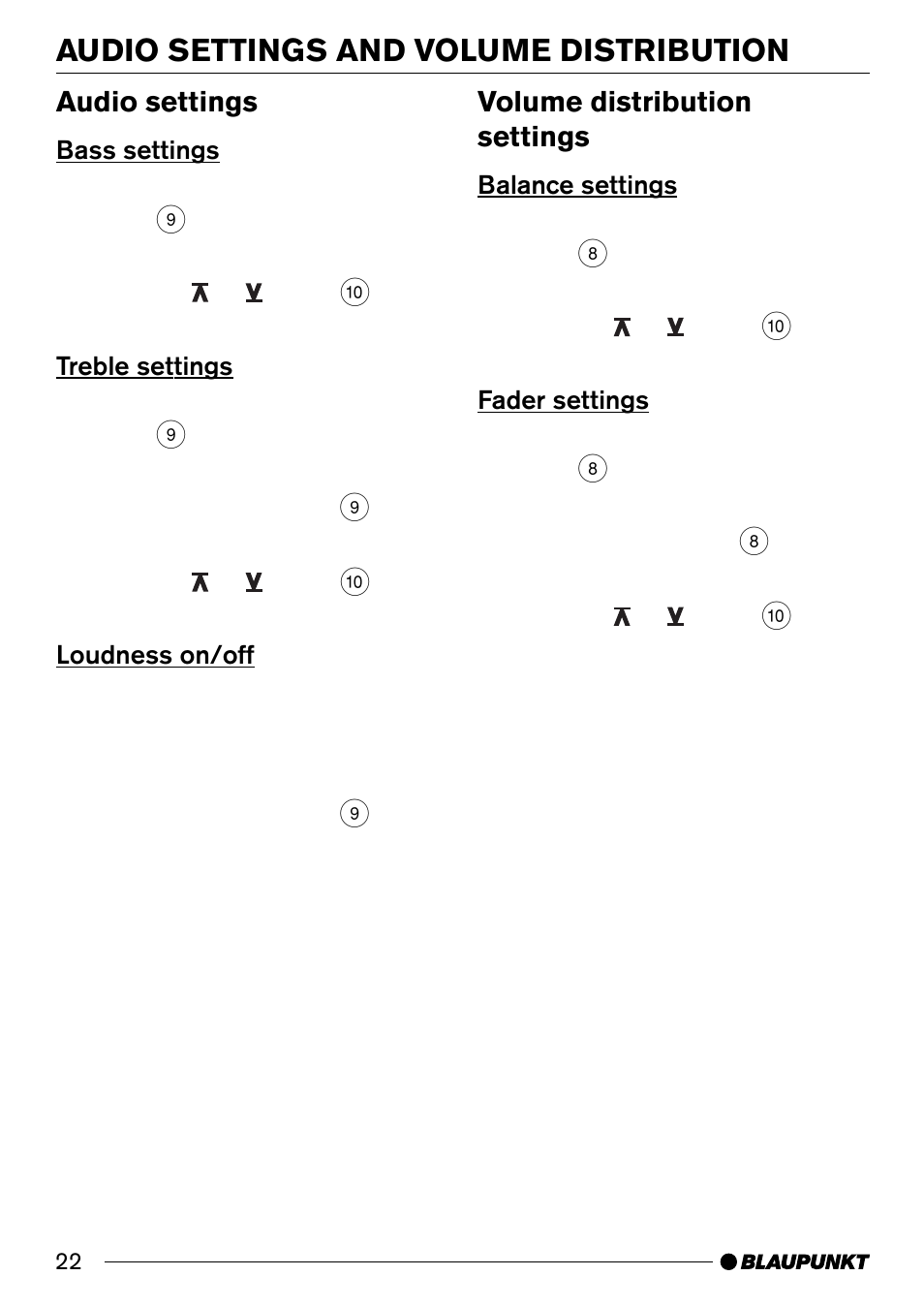 Audio settings and volume distribution, Audio settings, Volume distribution settings | Blaupunkt C30 User Manual | Page 12 / 14