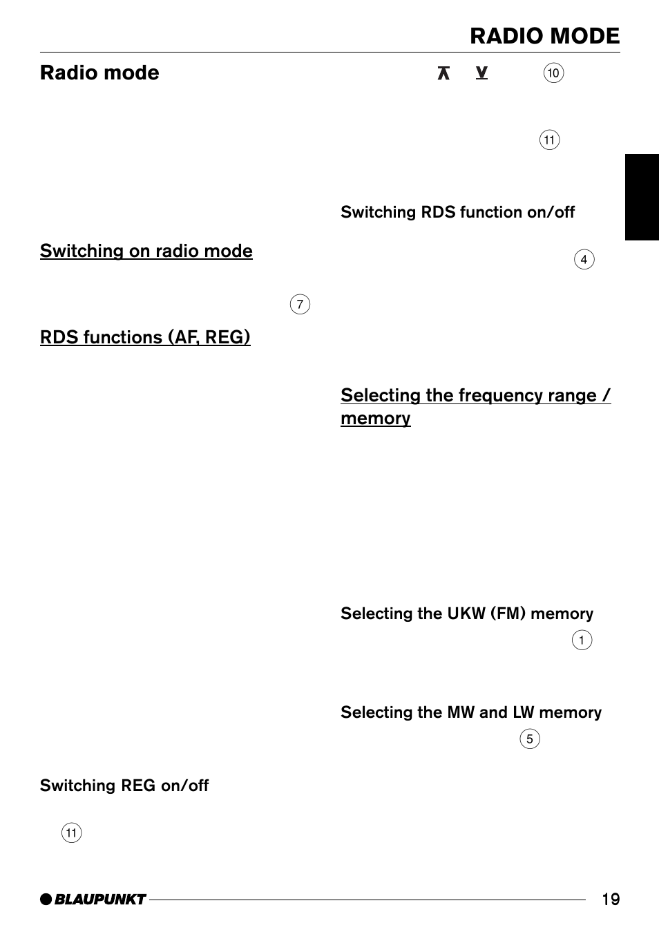 Radio mode, Switching on radio mode, Rds functions (af, reg) | Blaupunkt C30 User Manual | Page 9 / 14
