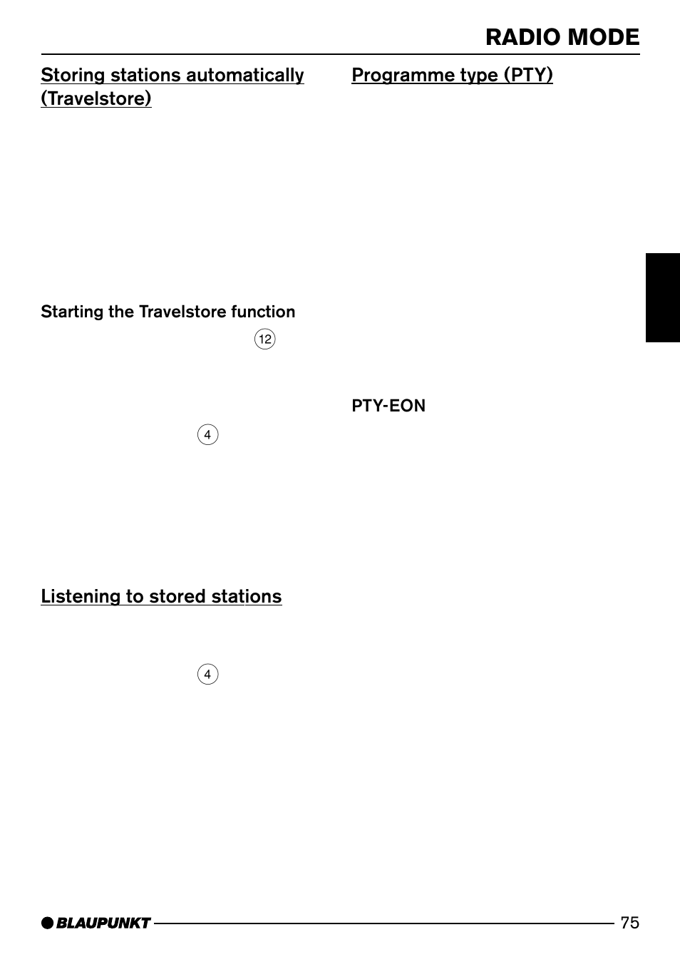 Radio mode, Storing stations automatically (travelstore), Listening to stored stations | Programme type (pty) | Blaupunkt ISTANBUL C73 User Manual | Page 17 / 33