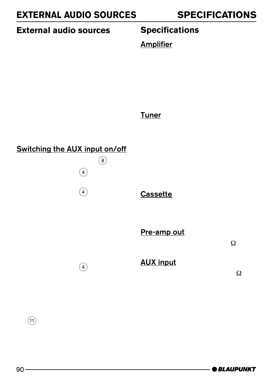 External audio sources specifications, External audio sources, Specifications | Blaupunkt ISTANBUL C73 User Manual | Page 32 / 33