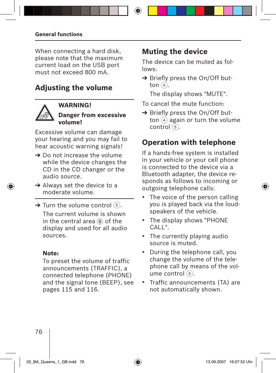 Adjusting the volume, Muting the device, Operation with telephone | Blaupunkt QUEENS MP56 7 646 583 310 User Manual | Page 11 / 67