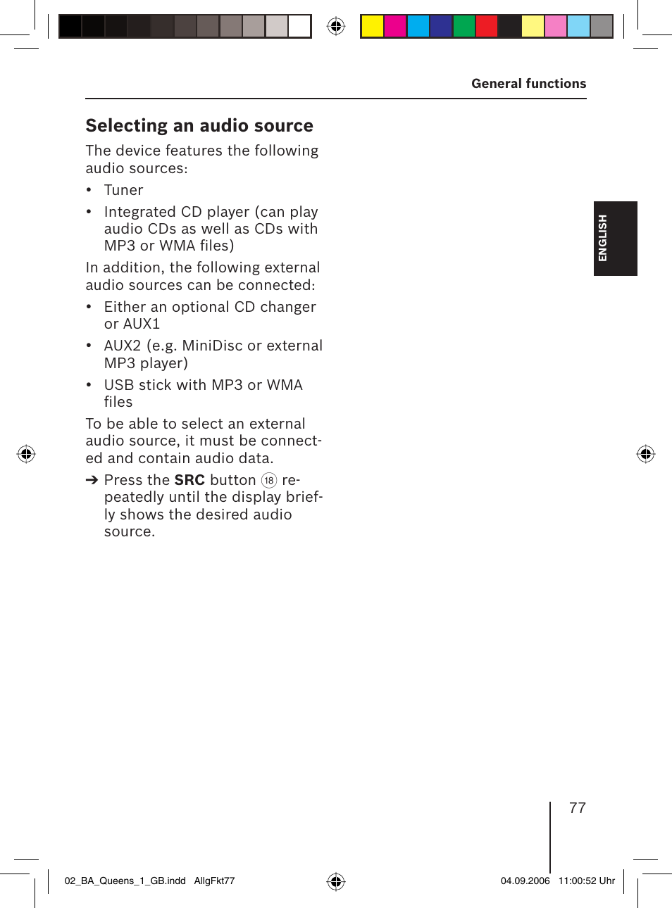 Selecting an audio source | Blaupunkt QUEENS MP56 7 646 583 310 User Manual | Page 12 / 67