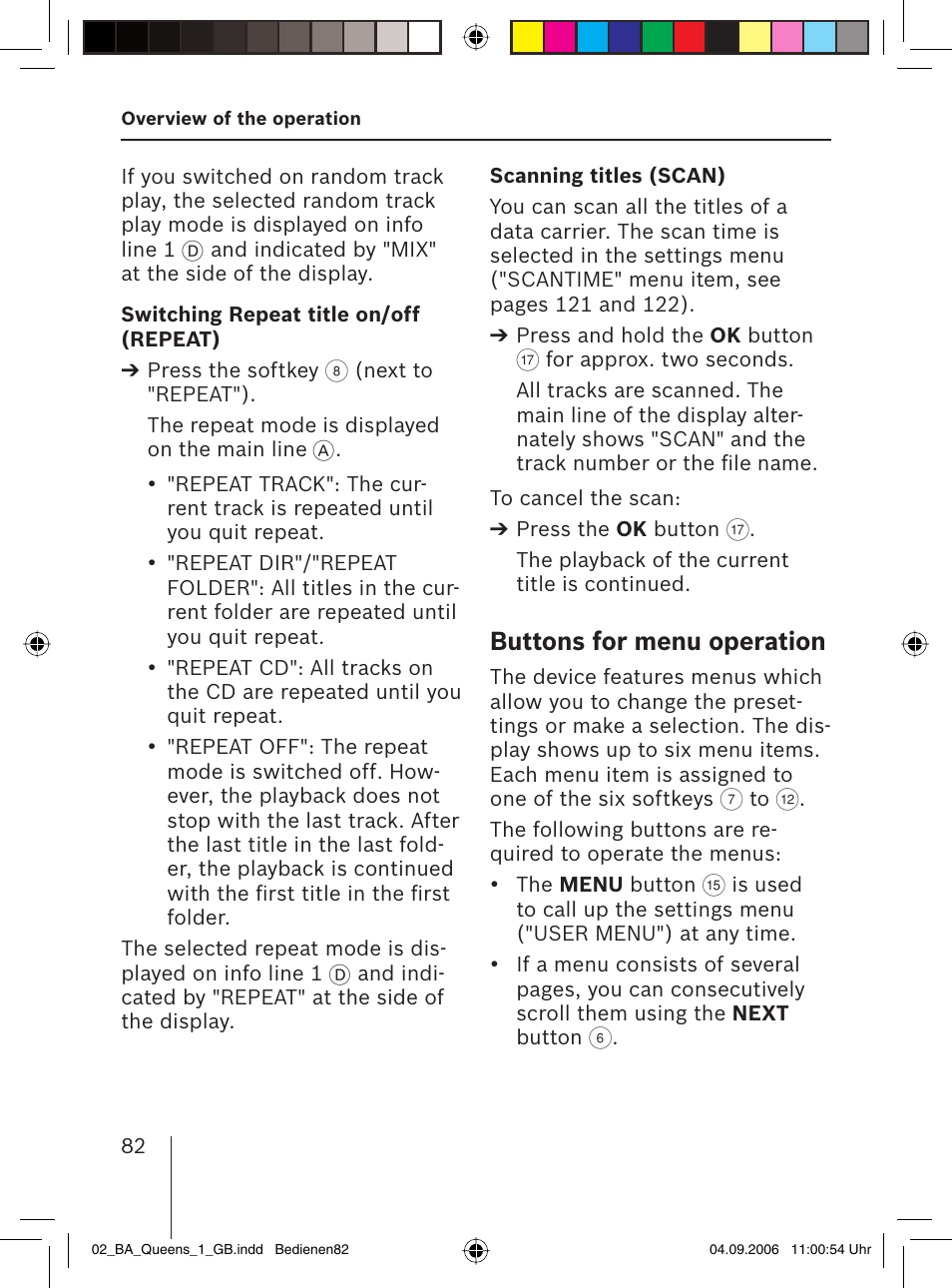 Buttons for menu operation | Blaupunkt QUEENS MP56 7 646 583 310 User Manual | Page 17 / 67