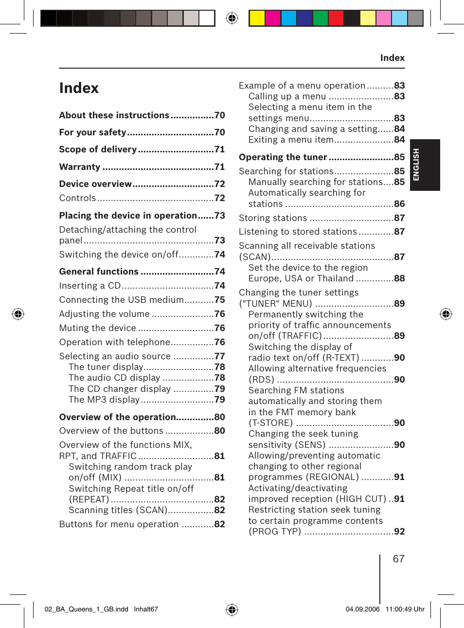 Index | Blaupunkt QUEENS MP56 7 646 583 310 User Manual | Page 2 / 67