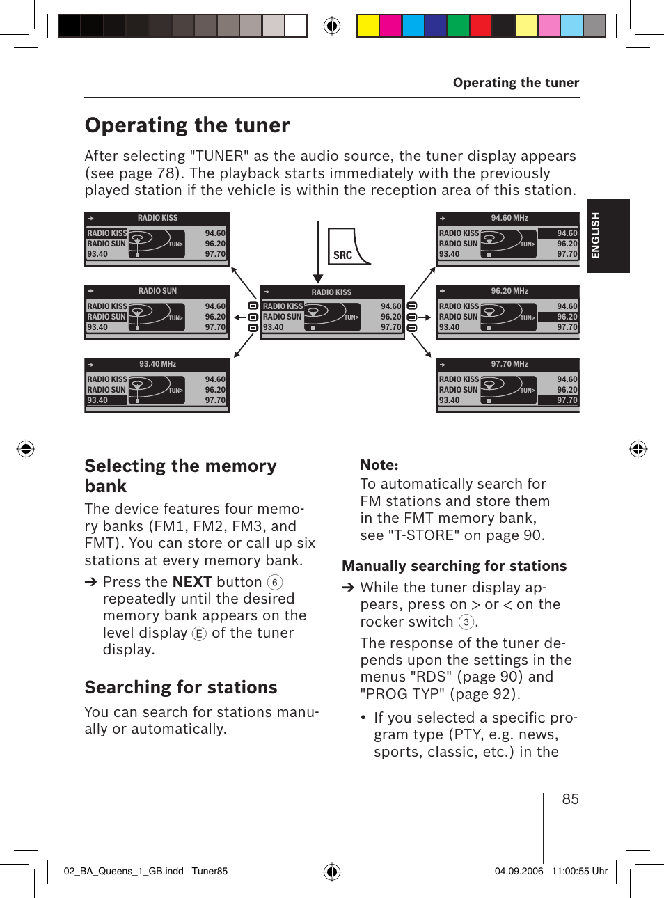Operating the tuner, Searching for stations, Of the tuner display | Blaupunkt QUEENS MP56 7 646 583 310 User Manual | Page 20 / 67