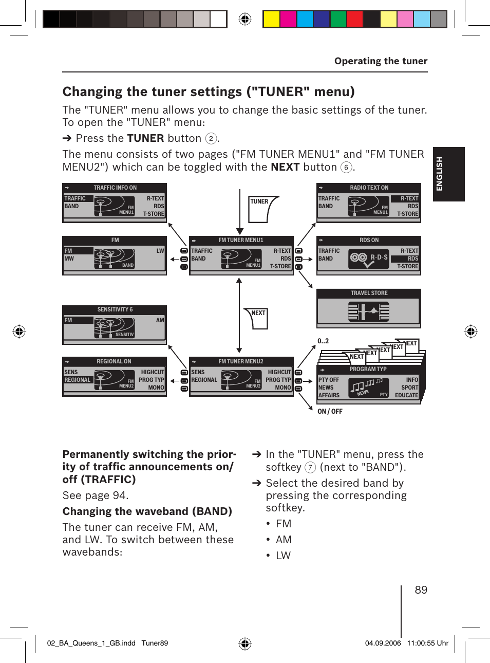 Changing the tuner settings ( "tuner" menu), Operating the tuner | Blaupunkt QUEENS MP56 7 646 583 310 User Manual | Page 24 / 67