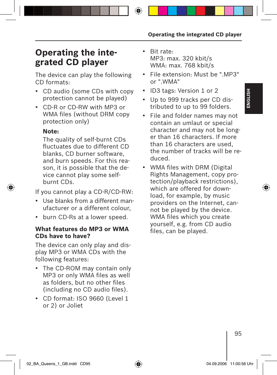 Operating the inte- grated cd player | Blaupunkt QUEENS MP56 7 646 583 310 User Manual | Page 30 / 67