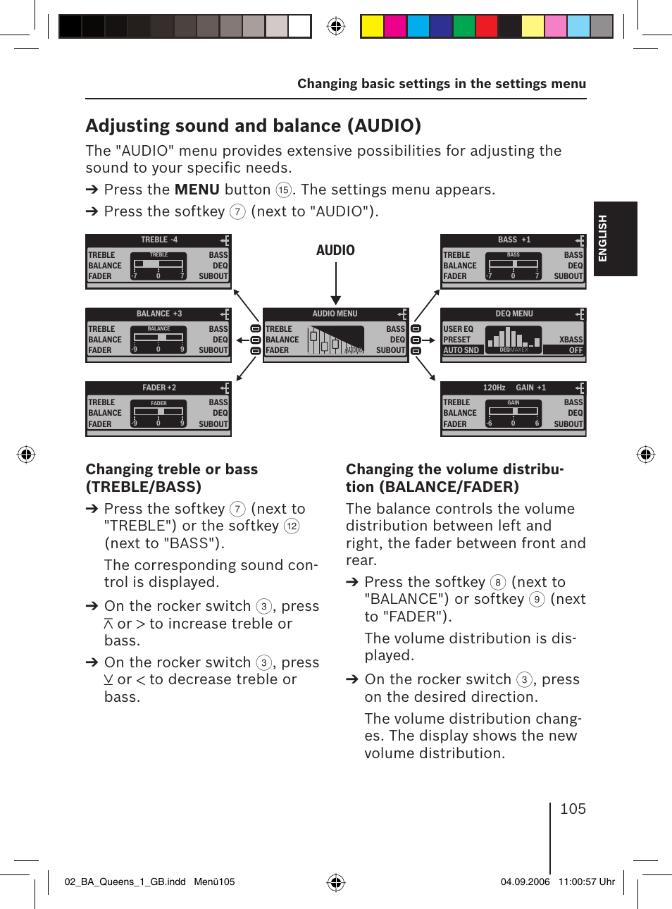Adjusting sound and balance ( audio), The settings menu appears. press the softkey, Next to "audio"). audio | Next to "treble") or the softkey, Next to "balance") or softkey, Changing basic settings in the settings menu | Blaupunkt QUEENS MP56 7 646 583 310 User Manual | Page 40 / 67