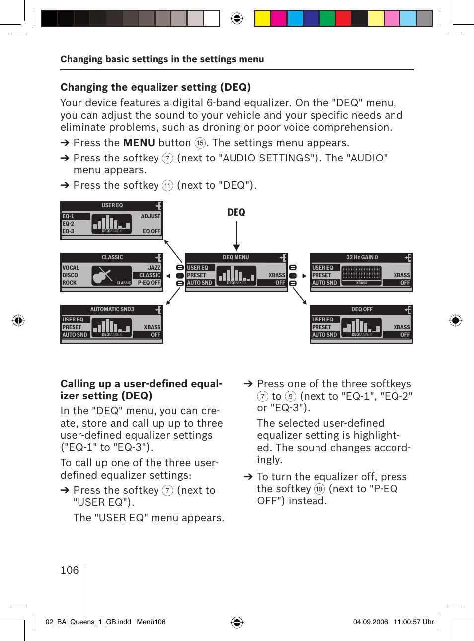 The settings menu appears. press the softkey, Next to "deq"). deq, Next to "p-eq off") instead | Changing basic settings in the settings menu | Blaupunkt QUEENS MP56 7 646 583 310 User Manual | Page 41 / 67