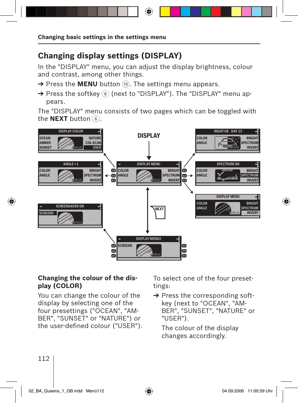 Changing display settings ( display), The settings menu appears. press the softkey, Display | Changing basic settings in the settings menu | Blaupunkt QUEENS MP56 7 646 583 310 User Manual | Page 47 / 67