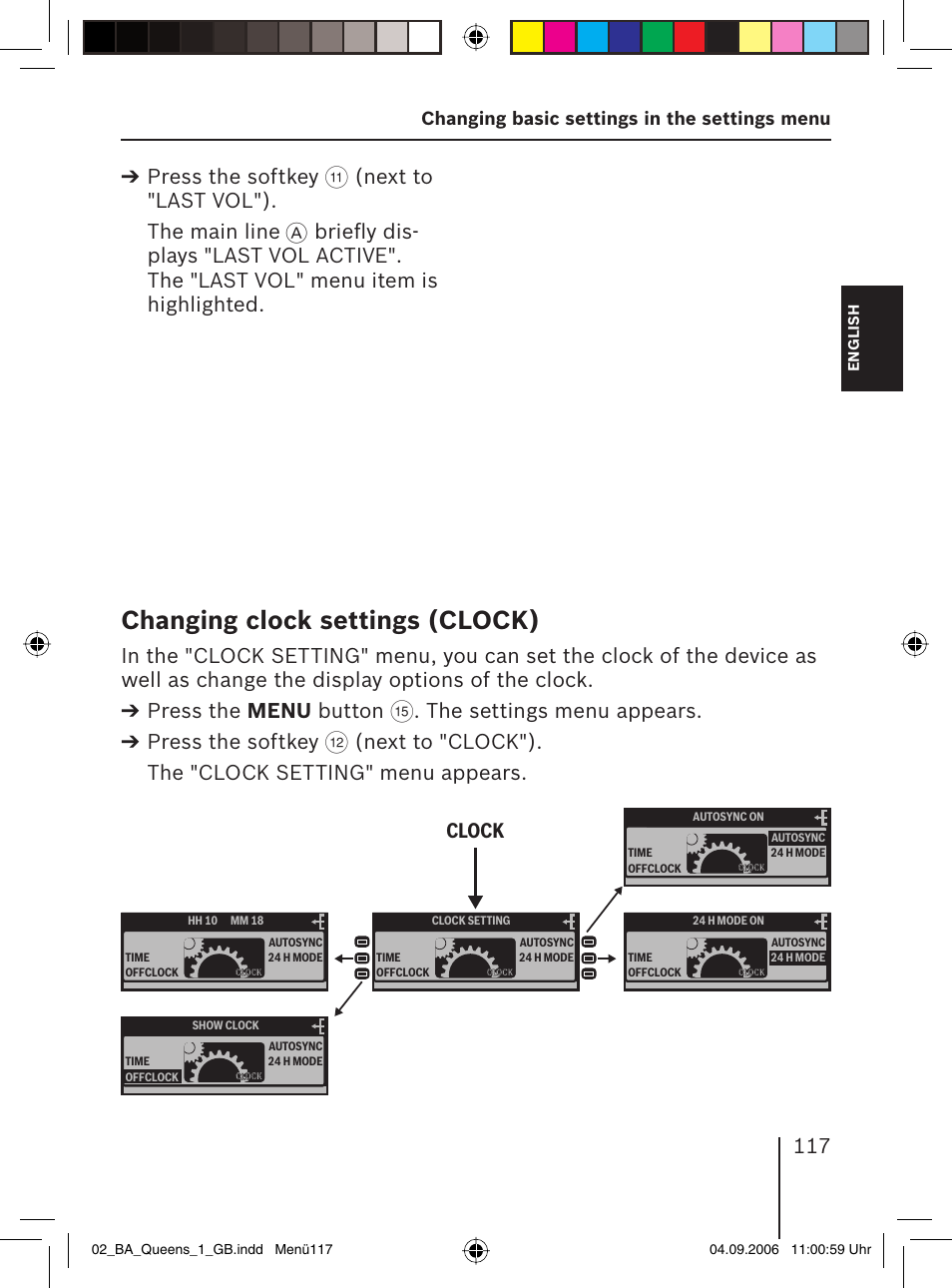 Changing clock settings ( clock), Press the softkey, Next to "last vol"). the main line | The settings menu appears. press the softkey, Changing basic settings in the settings menu | Blaupunkt QUEENS MP56 7 646 583 310 User Manual | Page 52 / 67