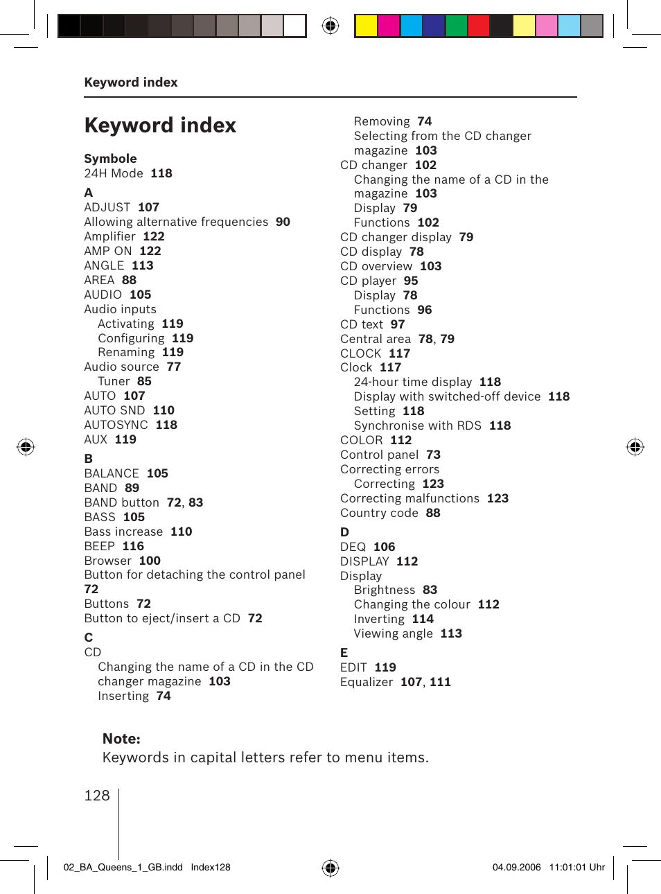 Keyword index | Blaupunkt QUEENS MP56 7 646 583 310 User Manual | Page 63 / 67