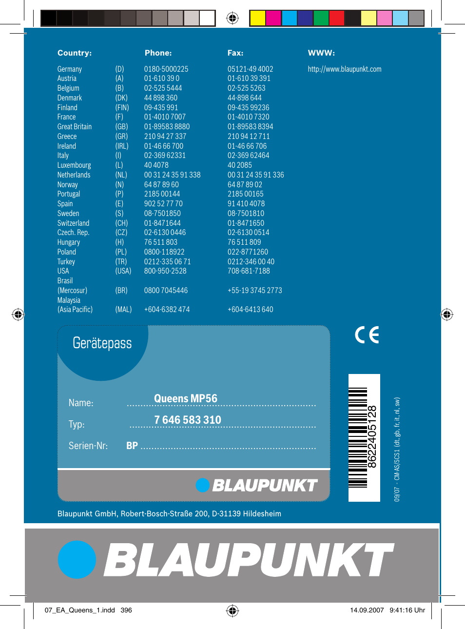 Gerätepass | Blaupunkt QUEENS MP56 7 646 583 310 User Manual | Page 67 / 67