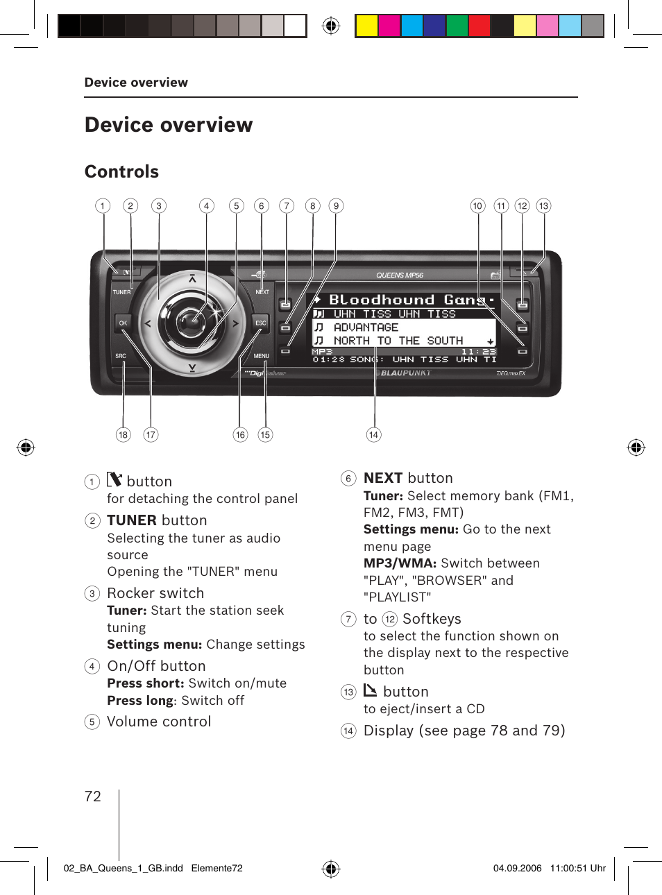 Device overview, Controls | Blaupunkt QUEENS MP56 7 646 583 310 User Manual | Page 7 / 67
