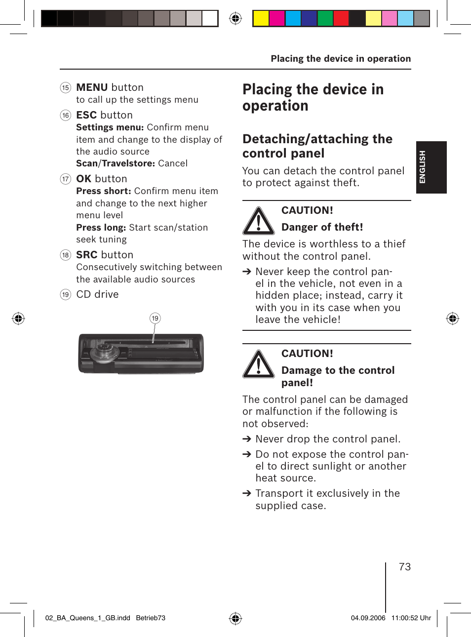 Placing the device in operation, Detaching/attaching the control panel | Blaupunkt QUEENS MP56 7 646 583 310 User Manual | Page 8 / 67