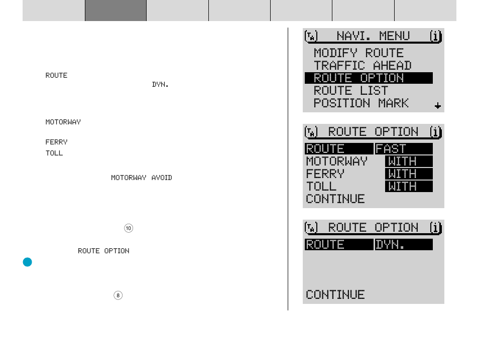 Navi. menu, Continue route dyn | Blaupunkt DX-R70 User Manual | Page 50 / 114