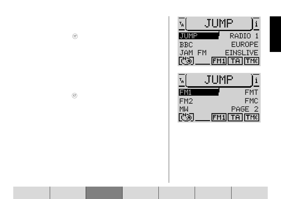 Jump, Bbc jam fm radio 1 europe einslive jump, Fm2 mw fmt fmc page 2 fm1 | Radio mode | Blaupunkt DX-R70 User Manual | Page 57 / 114