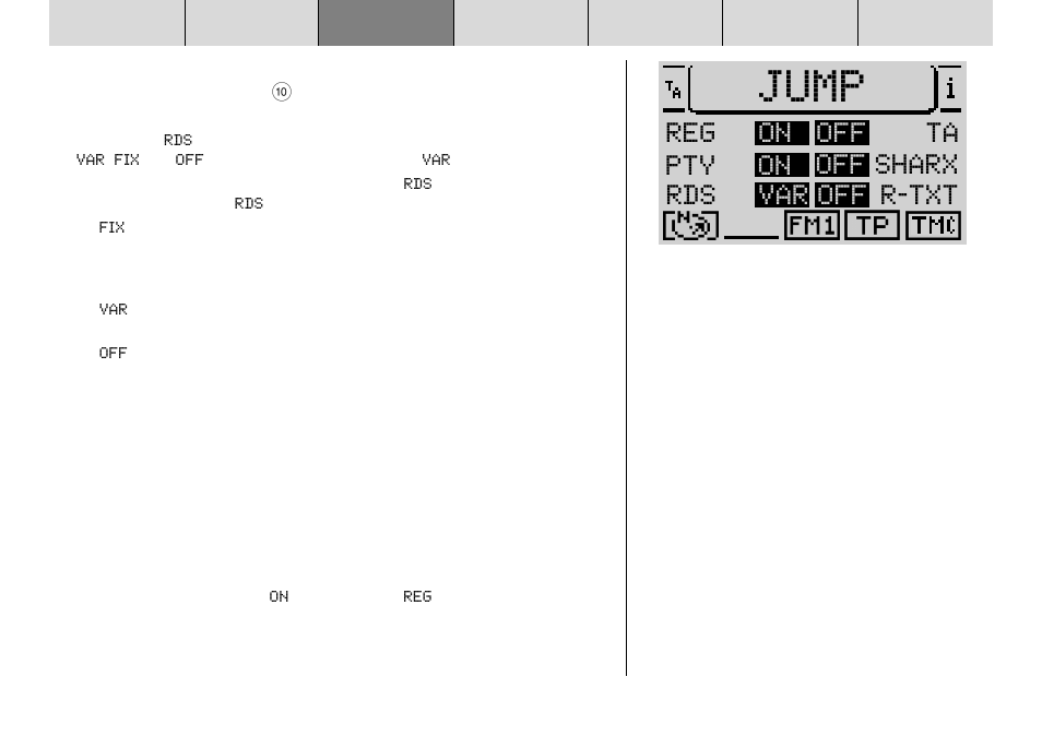 Jump, Reg on pty on rds var off r-txt off sharx off ta | Blaupunkt DX-R70 User Manual | Page 58 / 114