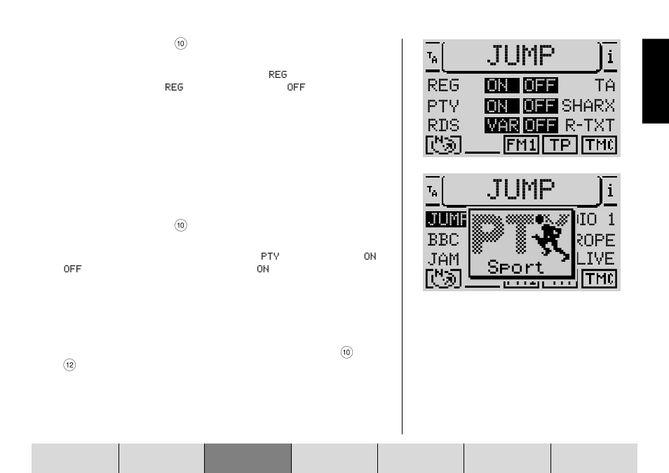 Jump, Reg on pty on rds var off r-txt off sharx off ta, Bbc jam fm radio 1 europe einslive jump | Blaupunkt DX-R70 User Manual | Page 59 / 114