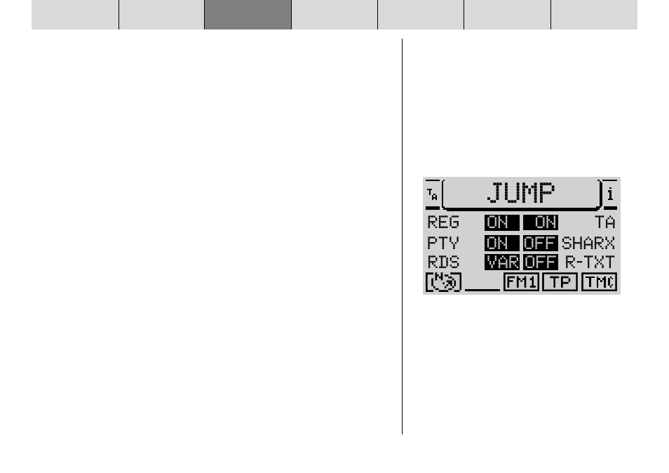 Jump, Reg on pty on rds var off r-txt off sharx on ta | Blaupunkt DX-R70 User Manual | Page 60 / 114