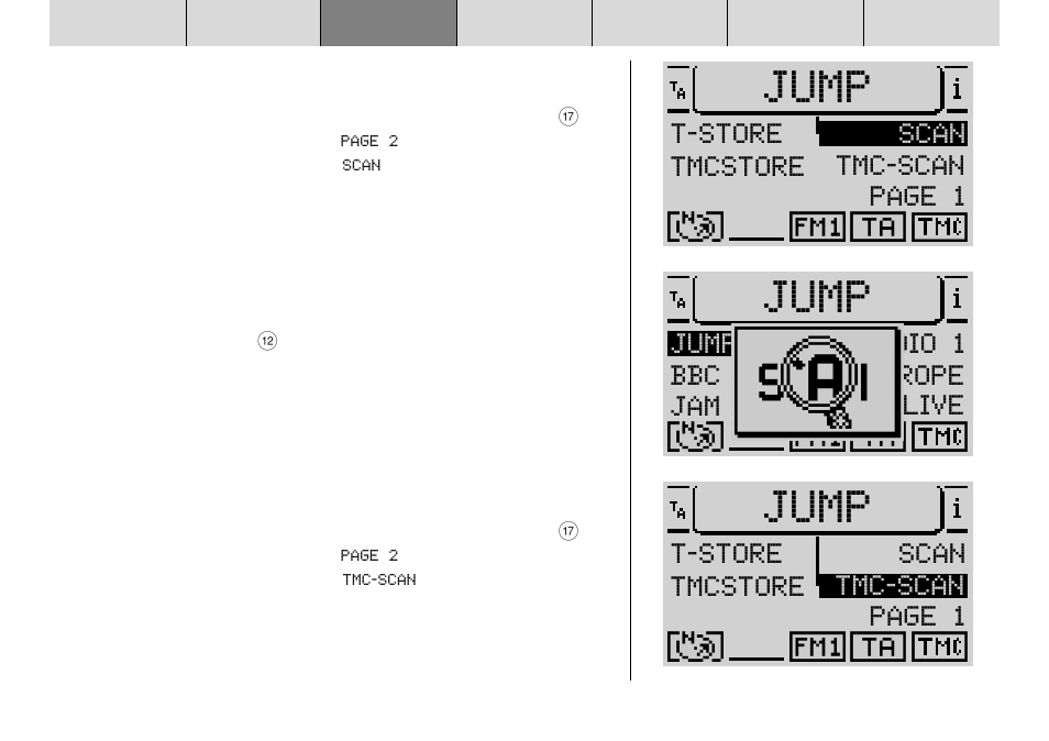 Jump, Tmcstore scan tmc-scan page 1 t-store, Bbc jam fm radio 1 europe einslive jump | Blaupunkt DX-R70 User Manual | Page 64 / 114