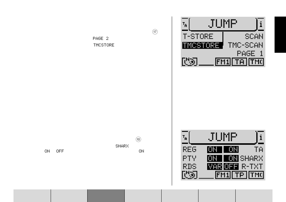 Jump, Tmcstore scan tmc-scan page 1 t-store, Reg on pty on rds var off r-txt on sharx on ta | Blaupunkt DX-R70 User Manual | Page 67 / 114